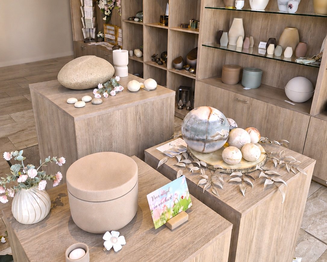 De winkel van ons rouwcentrum, met urnen en gedenkartikelen